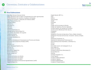 Memoria Anual 2014
94
10
· Abu Dhabi Farmer’s Services Center
· ACAL (Asociación para la mejora competitividad del cluster agroindustrial)
· ACRIA (Asociación de cocineros y hosteleros de Almería).
· Agencia de Innovación y Desarrollo De Andalucía (IDEA)
· Agrar Plantas Del Sur, S.A.
· Agrophar Ibérica
· Agrobío S.L.
· Agroclean S.L.
· Agrofresh
· Agrogenia
· Agroindustrial Kimitec S.L.
· Agrolaboratorios Nutricionales S.A.
· AIJU (Centro Tecnológico del Juguete)
· Aldeilla suministros
· Almafrut Almería, S.L.
· Almeriplant Semilleros S.L.
· Amacom
· ASEMPAL (Confederación Empresarial de la Provincia de Almería).
· Asociación de Fundaciones Andaluza (AFA).
· Bakkavor
· Bandesur, S.L.
· Bgreen Biologycal Systems, S.L.
· Biocolor S.L.
· Biocrisara S.L.
· Bionutrición Vegetal S.A.
· Biorizon Biotech S.L.
· Bureau Veritas S.A.
· Cajamar
· Cámara de Comercio de Almería
· Cámara de Comercio de Huelva
· Cámara de Comercio de Motril
· Campus de Excelencia Internacional Agroalimentario (ceiA3)
· Caparrós Nature S.L.
· Capital Genetic EBT, S.L.
· CDTI
· CEPLA
· Certis Europe
· CICAP
· CITOLIVA
· CNTA
· Colegio de Economistas de Almería
· Colegio de Ingenieros Técnicos Agrícolas
· Consejo Superior de Cámaras de Comercio
· Construcciones Mecánicas Emilio Gea S.L.
· Cristalplant
· CTAQUA
· Delegación Provincial de Agricultura, Pesca y Medio Ambiente.
· Delegación Provincial de Economía, Innovación, Ciencia y Empleo.
· Deretil
· Desarrolla Consultores, S.L.
· Desarrollo De Aplicaciones Fitotécnicas S.A.
· Dicsa (Distribuciones Industriales y Científicas S.L).
· Domca
· Ecohal
· Enza Zaden Centro de Investigación S.L.U.
· Enza Zaden S.L.
· Esteros de Canela
· Europea de Soluciones Alimentarias S.L.
· Eurosemillas S.A.
· Extenda
· Formatio Postgrado, S.L.
· Frutas Tejerina
· Fundación Bahía Almeriport.
· Fundación Cajamar
· Fundación Mediterránea
· Fundación Privada Ascamm
Convenios, Contratos y Colaboraciones
Otras Colaboraciones
 