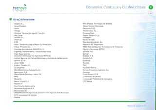 Memoria Anual 2014
95
10
· Gogarsa S.L.
· Grupo Hispatec
· Hazera
· Herogra
· Himarcan Técnica Del Agua y Clima S.L.
· HM Clause
· Hortalan S.L.
· Hortyfruta
· ICEX
· Ideas y Desarrollo para la Mejora Continua (Idm)
· Induser Poniente S.L.
· Industrias Aeronáuticas INASOR S.L.U.
· Ingeniería, mantenimiento y productividad (Imp)
· Ingro Maquinaria S.L.
· Innovative Technology For Agriculture (INTECA)
· Instituto Nacional de Plantas Medicinales y Aromáticas de Marruecos
· Ispemar S.C.A.
· Jarquil Verde
· Koppert España .S.L.
· La Gergaleña,
· Maher Electríonica Aplicada S.L.U.
· Mercomotril, S.A.
· Miguel García Sánchez e Hijos, S.A.
· MKS
· Monsanto
· Natural Crunch S.L.
· Nazaries IT
· New Growing Systems S.L.
· Novedades Agrícolas S.A.
· Nutricionales Alvi
· OMVRAM (Oficina regional de puesta en valor agrícola de la Moulouya)
· OTRI Universidad de Almería
· Pelemix
· PITA (Parque Tecnológico de Almería)
· Planet Horizon Technology
· Planprotect S.L.
· Plastienvase, S.L.
· PonientePlast
· Praxair España S.L.U.
· PrimaRam
· Ramiro Arnedo
· Reactiva Laboratorio, S.L.
· Research AG Wageningen
· RETA (Red de Espacios Tecnológicos de Andalucía)
· Riegos y Tecnología (RITEC)
· Semillas Fitó
· Serfruit
· Solplast. S.A.
· Sotrafa S.A.
· Symborg
· Tecnalia
· TNO
· Top Seed Iberica
· Torresa Proyectos+Ingenieria S.L.
· Tubocas
· Única Group S.C.A
· Universidad de Almería
· Universidad Politécnica de Cartagena
· UPL Iberica
Convenios, Contratos y Colaboraciones
Otras Colaboraciones
 