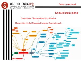 Baliozko zerbitzuak
Komunikazio plana
Ekonomisten Elkargoen Kontseilu Orokorra
+
Ekonomisten Euskal Elkargoko Erregistro Espezializatuak
 