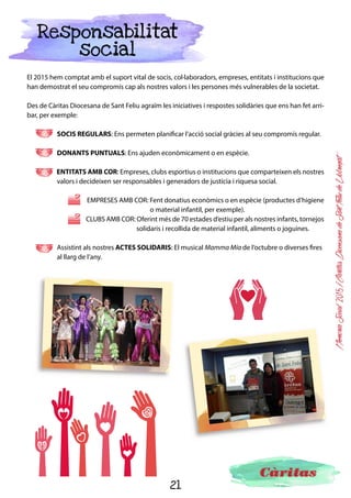 21
MemòriaSocial2015ICàritasDiocesanadeSantFeliudeLlobregat
Voluntariat
Engeguem motors... i ens posem en velocitat de creuer... per continuar l’apassionant camí d’acompanyar
les persones voluntàries.
El 2015 ha estat un any de consolidar l’itinerari d’acolli-
da i acompanyament a les persones voluntàries a Càri-
tas, dissenyar la nova oferta formativa, planificar nous
reptes en l’acompanyament... Ha estat un any en què
la formació ha estat la prioritat del programa de vo-
luntariat, hem fet 3 Cursos Bàsics d’iniciació al volun-
tariat, a Sant Feliu, Sant Boi i Gavà, amb la participació
de 67 persones, i hem fet una formació específica per
a voluntaris de CAIF (Centre d’Acollida i Formació) i de
reforços educatius, amb una participació de 90 volun-
taris.
Ha estat un any de creació de l’equip de formació, un equip format per contractats i voluntaris, que han
treballat braç a braç per assentar les bases per poder construir una oferta formativa sòlida, diversa, atrac-
tiva, participativa i que respongui a les necessitats formatives de les persones voluntàries.
Entenem la formació com un itinerari educatiu de la persona voluntària dintre de Càritas, com una espi-
ral en què s’ha de tenir en compte el moment i el procés maduratiu de cadascú, no centrat només en la
tasca.
Entenem la formació a les persones voluntàries com l’adob imprescindible d’on agafar nutrients en la
tasca d’acollida i acompanyament a les persones de cadascun dels nostres projectes. Volem que les per-
sones voluntàries visquin l’oferta formativa com una
font on poder anar a cercar allò que falta o se’ns esgota
en el fer de cada dia.
Creiem que la formació és un pilar en l’itinerari de la
persona voluntària a Càritas, en què no podem oblidar
el ser i el saber fer; per tant, l’oferta formativa ha d’anar
doblement encaminada en el treball d’autoconeixe-
ment de la persona voluntària i l’específic per a la tasca
concreta que desenvolupa en el seu servei, entenent
aquest com un tot, un no té sentit sense l’altre. Amb la
formació “hem de cuidar, donar eines perquè se sàpi-
guen cuidar, i així poder fer millor i més feliços la tasca”.
Han estat un total de 157 voluntaris que han participat d’aquesta oferta formativa, desplaçant-se, inver-
tint hores del seu temps, participant activament, fent de corretja de transmissió amb els companys dels
seus equips: i des d’aquí el nostre agraïment...
Hem acabat el 2015 satisfets, havent complert les expectatives, i amb moltes ganes de continuar treba-
llant; així que cordeu-vos els cinturons, que el viatge continua...
 