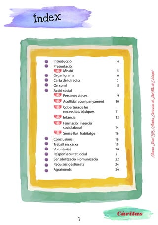 Edita
Càritas Diocesana de Sant Feliu de Llobregat
Fotografies:
Arxiu Càritas Diocesana de Sant Feliu de Llobregat, Francesc Arnàez
Disseny gràfic:
Francesc Arnàez (Àrea de Comunicació i Sensibilització)
© 2016. Càritas Diocesana de Sant Feliu de Llobregat
C/ Armenteres, 35 08980 Sant Feliu de Llobregat
Tel. 93 652 57 70
secretaria@caritassantfeliu.cat
www.caritassantfeliu.cat
 