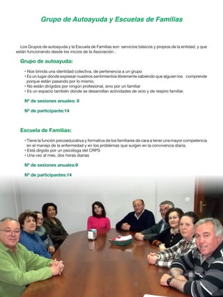 Grupo de Autoayuda y Escuelas de Familias
Los Grupos de autoayuda y la Escuela de Familias son servicios básicos y propios de la entidad, y que
están funcionando desde los inicios de la Asociación .
Grupo de autoayuda:
• Nos brinda una identidad colectiva, de pertenencia a un grupo
• Es un lugar donde expresar nuestros sentimientos libremente sabiendo que alguien los comprende
porque están pasando por lo mismo.
• No están dirigidos por ningún profesional, sino por un familiar
• Es un espacio también donde se desarrollan actividades de ocio y de respiro familiar.
Nº de sesiones anuales: 9
Nº de participante:14
Escuela de Familias:
• Tiene la función psicoeducativa y formativa de los familiares de cara a tener una mayor competencia
en el manejo de la enfermedad y en los problemas que surgen en la convivencia diaria.
• Está dirgido por un psicóloga del CRPS
• Una vez al mes, dos horas diarias
Nº de sesiones anuales:9
Nº de participantes:14
 