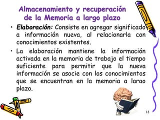 • Elaboración: Consiste en agregar significado
a información nueva, al relacionarla con
conocimientos existentes.
• La elaboración mantiene la información
activada en la memoria de trabajo el tiempo
suficiente para permitir que la nueva
información se asocie con los conocimientos
que se encuentran en la memoria a largo
plazo.
13
Almacenamiento y recuperación
de la Memoria a largo plazo
 