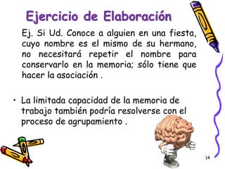 14
Ejercicio de Elaboración
Ej. Si Ud. Conoce a alguien en una fiesta,
cuyo nombre es el mismo de su hermano,
no necesitará repetir el nombre para
conservarlo en la memoria; sólo tiene que
hacer la asociación .
• La limitada capacidad de la memoria de
trabajo también podría resolverse con el
proceso de agrupamiento .
 