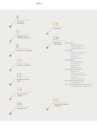 ÍNDICE
Miembros de la
Comisión Directiva
6
Siemens en España
10
Software  TI
16
Industry
Industry Automation 30
Drive Technologies 32
Customer Services 34
Energy
Fossil Power Generation 38
Power Transmission 40
Oil  Gas 42
Energy Service 43
Healthcare
Imaging  Therapy 46
Clinical Products 47
Diagnostics 48
Health Services 49
Infrastructure  Cities
Rail Systems 52
Mobility and Logistics 54
Low and Medium Voltage 55
Smart Grid 56
Building Technologies 57
Negocios intersectoriales
Siemens Renting 59
Otras actividades participadas al 50%
BSH Electrodomésticos España, S.A. 61
28
50
36
58
44
60
El futuro de la
energía
14
Carta de la
Presidenta
4
Siemens en el mundo
8
Pensando a largo
plazo
12
Estrategia
18
Corporación Siemens
en España
62
Mercados y
soluciones
26
 