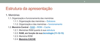 Estrutura da apresentação
1. Memórias
1.1. Organização e funcionamento das memórias
1.1.1. Organização das memórias – Estrutura
1.1.2. Organização e das memórias – funcionamento
1.2. Memória Central - RAM – ROM – Cache
1.2.1. Memórias RAM quanto à sua estrutura
1.2.2. RAM, em função da sua tecnologia (11-12-13)
1.2.3. Memória ROM
1.2.4. Memória CACHE
4
 