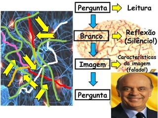Pergunta Leitura 
Branco 
Imagem 
Reflexão 
(Silêncio!) 
Características 
da imagem 
(falado!) 
Pergunta Leitura 
 