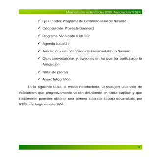 Memoria de actividades 2009. Asociación TEDER

 Eje 4 Leader. Programa de Desarrollo Rural de Navarra
 Cooperación. Proyecto Eureners2
 Programa “Acércate @ las TIC”
 Agenda Local 21
 Asociación de la Vía Verde del Ferrocarril Vasco Navarro
 Otras convocatorias y reuniones en las que ha participado la
Asociación

 Notas de prensa
 Anexo fotográfico.
En la siguiente tabla, a modo introductorio, se recogen una serie de
indicadores que progresivamente se irán detallando en cada capitulo y que
inicialmente permiten obtener una primera idea del trabajo desarrollado por
TEDER a lo largo de este 2009.

10

 