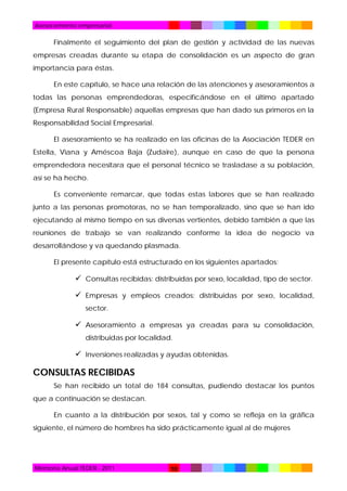 Asesoramiento empresarial

Finalmente el seguimiento del plan de gestión y actividad de las nuevas
empresas creadas durante su etapa de consolidación es un aspecto de gran
importancia para éstas.
En este capítulo, se hace una relación de las atenciones y asesoramientos a
todas las personas emprendedoras, especificándose en el último apartado
(Empresa Rural Responsable) aquellas empresas que han dado sus primeros en la
Responsabilidad Social Empresarial.
El asesoramiento se ha realizado en las oficinas de la Asociación TEDER en
Estella, Viana y Améscoa Baja (Zudaire), aunque en caso de que la persona
emprendedora necesitara que el personal técnico se trasladase a su población,
así se ha hecho.
Es conveniente remarcar, que todas estas labores que se han realizado
junto a las personas promotoras, no se han temporalizado, sino que se han ido
ejecutando al mismo tiempo en sus diversas vertientes, debido también a que las
reuniones de trabajo se van realizando conforme la idea de negocio va
desarrollándose y va quedando plasmada.
El presente capítulo está estructurado en los siguientes apartados:

 Consultas recibidas: distribuidas por sexo, localidad, tipo de sector.
 Empresas y empleos creados: distribuidas por sexo, localidad,
sector.

 Asesoramiento a empresas ya creadas para su consolidación,
distribuidas por localidad.

 Inversiones realizadas y ayudas obtenidas.

CONSULTAS RECIBIDAS
Se han recibido un total de 184 consultas, pudiendo destacar los puntos
que a continuación se destacan.
En cuanto a la distribución por sexos, tal y como se refleja en la gráfica
siguiente, el número de hombres ha sido prácticamente igual al de mujeres

Memoria Anual TEDER - 2011

10

 