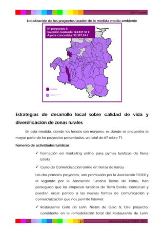 Eje 4 Leader

Localización de los proyectos Leader de la medida medio ambiente
Nº proyectos: 5
Inversión realizada:124.831,50 €
Ayuda concedida: 93.397,34 €

Estrategias de desarrollo local sobre calidad de vida y
diversificación de zonas rurales
En esta medida, donde los fondos son mayores, es donde se encuentra la
mayor parte de los proyectos presentados, un total de 67 sobre 71.
Fomento de actividades turísticas

 Formación en marketing online para pymes turísticas de Tierra
Estella.

 Curso de Comercilización online en Tierras de Iranzu
Los dos primeros proyectos, uno promovido por la Asociación TEDER y
el segundo por la Asociación Turística Tierras de Iranzu, han
perseguido que las empresas turísticas de Tierra Estella, conozcan y
puedan sacar partido a las nuevas formas de comunicación y
comercialización que nos permite Internet.

 Restaurante Galo de Lerín. Nietos de Galo SL Este proyecto,
consistente en la remodelación total del Restaurante de Lerín.
27

Memoria Anual TEDER - 2011

 