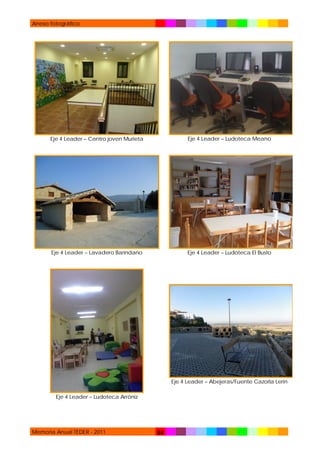 Anexo fotográfico

Eje 4 Leader – Centro joven Murieta

Eje 4 Leader – Ludoteca Meano

Eje 4 Leader – Lavadero Baríndano

Eje 4 Leader – Ludoteca El Busto

Eje 4 Leader – Abejeras/Fuente Cazorla Lerín
Eje 4 Leader – Ludoteca Arróniz

Memoria Anual TEDER - 2011

84

 