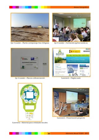 Anexo fotográfico

Eje 4 Leader – Planta compostaje Hac Ortigosa

Eje 4 Leader – Formación pymes turísticas

Eje 4 Leader – Placas cofinanciación

Eureners3 – Página web

Eureners3 – Presentación proyecto
Eureners3 – Material para entidades locales

85

Memoria Anual TEDER - 2011

 