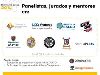 Panelistas, jurados y mentores
en:
Además fuimos:
- Evaluadores de proyectos de Capital Semilla CORFO
- Evaluadores de proyectos sociales Ashoka Changemakers.
Memoria anual
 
