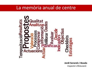 La memòria anual de centre
Jordi Serarols i Boada
Inspector d’Educació
 