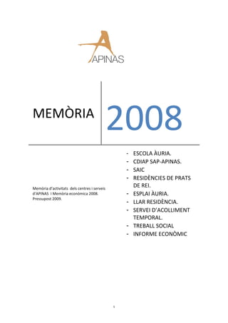 MEMÒRIA
                                            2008 
                                                    ‐ ESCOLA ÀURIA. 
                                                    ‐ CDIAP SAP‐APINAS. 
                                                    ‐ SAIC  
                                                    ‐ RESIDÈNCIES DE PRATS 
Memòria d’activitats  dels centres i serveis 
                                                      DE REI. 
d’APINAS  I Memòria econòmica 2008.                 ‐ ESPLAI ÀURIA. 
Pressupost 2009. 
                                                    ‐ LLAR RESIDÈNCIA.  
                                                    ‐ SERVEI D’ACOLLIMENT 
                                                      TEMPORAL. 
                                                    ‐ TREBALL SOCIAL 
                                                    ‐ INFORME ECONÒMIC 




                                                1
 