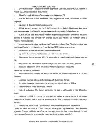 BIBLIOTECA ESCOLAR Paula Carballeira. CEIP. Plurilingüe Os Casais
MEMORIA PLAMBE 2019-2020
15
o Apoio á planificación e ao desenvolvemento do proxecto Os Casais, cole verde, que, seguindo o
modelo SEM, é responsabilidade do alumnado.
o Utilización dos taboleiros para Escornabots con actividades de FU.
o Inicio da actividade "Somos contacontos", na que @s maiores lenlles, cada venres, aos máis
pequenos.
o Exposición de libros científicos (Maleta Viaxeira).
o O 22 de outubro o alumnado de 1º e 6º de Primaria acudiu ao Auditorio Municipal de Narón para
aistir á representación de Patapatúm, representación visual da compañía Elefante Elegante.
o O 25 de outubro parte do alumnado voluntario da biblioteca desprazouse á residencia do veciño
concello de Cabanas para compartir con usuarios lecturas dos traballos que realizaron sobre a
mitoloxía tradicional galega.
o A responsable da biblioteca escolar acompañou ao alumnado de 5º de Primaria durante a súa
estadía nos Peares por mor da participación na Semana STEM destes nenos e nenas.
o Elaboración dun vídeo-resumo desta semana de formación.
o Exposición de outono na entrada do cole coa colaboración das familias.
o Elaboración de marcadores (EI-4º e alumnado de nova incorporación) para usar na
BE.
o Os voluntarios e o equipo de biblioteca organizaron as celebracións do Samaín.
o Nas aulas traballaron sobre a mitoloxía tradicional galega. Fíxose unha
exposición co material elaborado.
o Lectura tenebrosa: sesións de lectura de contos de medo na biblioteca á luz das
candeas.
o Enlaces a páxinas sobre esta temática para traballar nas titorías.
o Obradoiro de cestas de castañas para o magosto organizado pola ANPA.
o Elaboración dun vídeo-resumo do Samaín.
o Inicio da actividade Nós tamén contamos, na que o profesorado le nas diferentes
aulas.
o Iniciamos o PFPP, formación na que participa todo o equipo docente. A formación
repercute de maneira directa en toda a actividade docente do centro, incluída a biblioteca
escolar.
o Semana da Literatura de Tradición Oral: amadriñamentos lectores das familias.
Leron en todos os cursos. Coma sempre, Micabigotes agradecéullelo cun pequeno
agasallo. E busca na Rede, na BE ou na casa, de relatos, lendas, contos de tradición oral
para os apadriñamentos lectores entre pares (participaron todas as aulas).
 