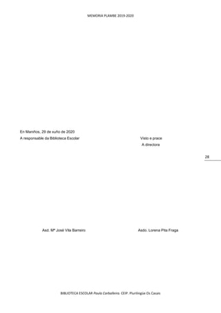 MEMORIA PLAMBE 2019-2020
BIBLIOTECA ESCOLAR Paula Carballeira. CEIP. Plurilingüe Os Casais
28
En Maniños, 29 de xuño de 2020
A responsable da Biblioteca Escolar Visto e prace
A directora
Asd. Mª José Vila Barreiro Asdo. Lorena Pita Fraga
 
