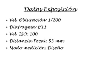 Datos Exposición
● Vel. Obturación: 1/200
● Diafragma: f/11
● Vel. ISO: 100
● Distancia Focal: 53 mm
● Modo medición: Diseño
 