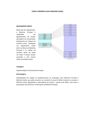 COMO A MEMÓRIA CACHE ARMAZENA DADOS
MAPEAMENTO DIRETO
Neste tipo de mapeamento,
a Memória Principal é
subdividida em
agrupamentos de células,
que podem ser armazenados
diretamente nas “células” da
memória cache. Estabelece
um mapeamento direto
entre os blocos da Memória
Principal e as células da
memória cache, de modo
um bloco X estará sempre
associado a uma mesma
célula na memória cache.
Vantagens:
Implementação e funcionamento simples.
Desvantagens:
Inflexibilidade em relação ao estabelecimento da associação entre Memória Principal e
Memória Cache, que pode acarretar um aumento na taxa de falhas (misses) nos acessos à
Memória Cache, degradando o desempenho do sistema - quanto mais falhas, mais vezes o
processador terá de buscar a informação na Memória Principal.
 