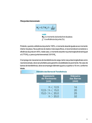 DiâmetrodasBarrasdeTransferência
onde:
Mb
é o momento da borda livre da placa;
é a eficiência da junta (%).
11
Parajuntastransversais:
Portanto,quandoaeficiênciadajuntafor100%,omomentoatuanteiguala-seaomomento
interiordaplaca.Naausênciadedadosmaisespecíficos,érecomendávelconsiderara
eficiênciadajuntaem45%;nestecaso,omomentoatuantenajuntalongitudinalseráigual
a0,775Mb
e,paraajuntatransversal,0,610Mb
.
Oempregodemecanismosdetransferênciadecarga,tantonasjuntaslongitudinaiscomo
nastransversais,deveserprioritárioparagarantiradurabilidadedopavimento.Nocasode
barrasdetransferência,deve-seempregardiâmetroigualousuperiora16mm,conforme
tabela.
Mjt
= 0,7 Mb
(1 -
350
)
 