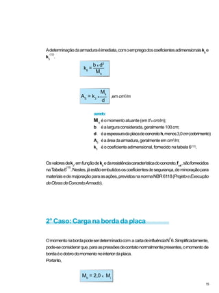 Adeterminaçãodaarmaduraéimediata,comoempregodoscoeficientesadimensionaisk6
e
k3
(12)
.
Osvaloresdek3
,emfunçãodek6
edaresistênciacaracterísticadoconcreto,fck
,sãofornecidos
naTabela6
(12)
.Nestes,jáestãoembutidososcoeficientesdesegurança,deminoraçãopara
materiaisedemajoraçãoparaasações,previstosnanormaNBR6118(ProjetoeExecução
deObrasdeConcretoArmado).
Omomentonabordapodeserdeterminadocom acartadeinfluênciaN
o
6.Simplificadamente,
pode-seconsiderarque,paraaspressõesdecontatonormalmentepresentes,omomentode
bordaéodobrodomomentonointeriordaplaca.
Portanto,
sendo:
Mk
éomomentoatuante(emtfx cm/m);
b éalarguraconsiderada,geralmente100cm;
d éaespessuradaplacadeconcretoh,menos3,0cm(cobrimento)
AS
éaáreadaarmadura,geralmenteemcm2
/m;
k3
éocoeficienteadimensional,fornecidonatabela6(12)
.
k6
=
b x d2
Mk
Mb
= 2,0 x Mi
15
AS
= k3
x
Mk
,em cm2
/m
d
2° Caso: Carga na borda da placa
 