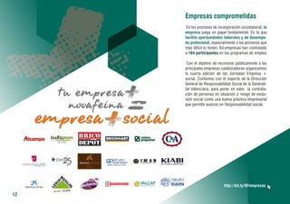 Empresas comprometidas
En los procesos de incorporación sociolaboral, la
empresa juega un papel fundamental. Es la que
facilita oportunidades laborales y de desempe-
ño profesional, especialmente a las personas que
más difícil lo tienen. 64 empresas han contratado
a 164 participantes en los programas de empleo.
Con el objetivo de reconocer públicamente a las
principales empresas colaboradoras organizamos
la cuarta edición de las Jornadas Empresa +
social. Contamos con el soporte de la Dirección
General de Responsabilidad Social de la Generali-
tat Valenciana, para poner en valor la contrata-
ción de personas en situación o riesgo de exclu-
sión social como una buena práctica empresarial
que permite avanzar en Responsabilidad social.
http://bit.ly/NFempresas
12
 