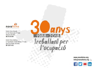 Centre Feina Alacant
C/ San Raimundo, 21 baix
Alacant (03.005)
96 512 55 99
Centre Feina València
C/ Aparellador Antoni Monzó, 11 baix
Quart de Poblet (46.930)
96 129 73 43
www.novafeina.org
info@novafeina.org
 