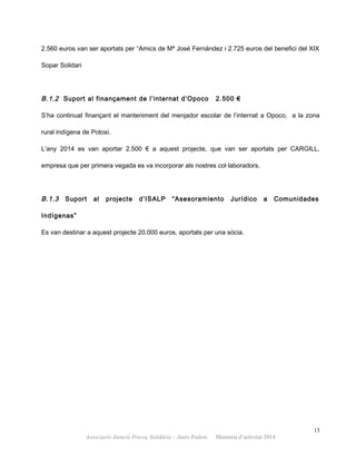 2.560 euros van ser aportats per “Amics de Mª José Fernández i 2.725 euros del benefici del XIX
Sopar Solidari
B.1.2 Suport al finançament de l’internat d’Opoco 2.500 €
S’ha continuat finançant el manteniment del menjador escolar de l’internat a Opoco, a la zona
rural indígena de Potosí.
L’any 2014 es van aportar 2.500 € a aquest projecte, que van ser aportats per CARGILL,
empresa que per primera vegada es va incorporar als nostres col·laboradors.
B.1.3 Suport al projecte d’ISALP “Asesoramiento Jurídico a Comunidades
Indígenas”
Es van destinar a aquest projecte 20.000 euros, aportats per una sòcia.
15
Associació Atenció Precoç Solidària – Junts Podem. Memòria d’activitat 2014
 