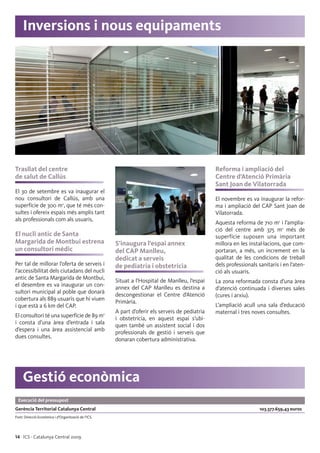14 ICS · Catalunya Central 2009
Trasllat del centre
de salut de Callús
El 30 de setembre es va inaugurar el
nou consultori de Callús, amb una
superfície de 300 m2
, que té més con-
sultes i ofereix espais més amplis tant
als professionals com als usuaris.
El nucli antic de Santa
Margarida de Montbui estrena
un consultori mèdic
Per tal de millorar l’oferta de serveis i
l’accessibilitat dels ciutadans del nucli
antic de Santa Margarida de Montbui,
el desembre es va inaugurar un con-
sultori municipal al poble que donarà
cobertura als 889 usuaris que hi viuen
i que està a 6 km del CAP.
El consultori té una superfície de 89 m2
i consta d’una àrea d’entrada i sala
d’espera i una àrea assistencial amb
dues consultes.
S’inaugura l’espai annex
del CAP Manlleu,
dedicat a serveis
de pediatria i obstetrícia
Situat a l’Hospital de Manlleu, l’espai
annex del CAP Manlleu es destina a
descongestionar el Centre d’Atenció
Primària.
A part d’oferir els serveis de pediatria
i obstetrícia, en aquest espai s’ubi-
quen també un assistent social i dos
professionals de gestió i serveis que
donaran cobertura administrativa.
Reforma i ampliació del
Centre d’Atenció Primària
Sant Joan de Vilatorrada
El novembre es va inaugurar la refor-
ma i ampliació del CAP Sant Joan de
Vilatorrada.
Aquesta reforma de 710 m2
i l’amplia-
ció del centre amb 375 m2
més de
superfície suposen una important
millora en les instal·lacions, que com-
portaran, a més, un increment en la
qualitat de les condicions de treball
dels professionals sanitaris i en l’aten-
ció als usuaris.
La zona reformada consta d’una àrea
d’atenció continuada i diverses sales
(cures i arxiu).
L’ampliació acull una sala d’educació
maternal i tres noves consultes.
Inversions i nous equipaments
Execució del pressupost
Gerència Territorial Catalunya Central 103.377.659,43 euros
Font: Direcció Econòmica i d’Organització de l’ICS.
Gestió econòmica
 
