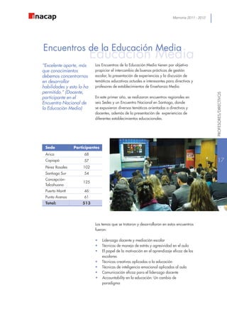 Memoria 2011 - 2012
Educación Media
Los temas que se trataron y desarrollaron en estos encuentros
fueron:
•	 Liderazgo docente y mediación escolar
•	 Técnicas de manejo de estrés y agresividad en el aula
•	 El papel de la motivación en el aprendizaje eficaz de los
escolares
•	 Técnicas creativas aplicadas a la educación
•	 Técnicas de inteligencia emocional aplicadas al aula
•	 Comunicación eficaz para el liderazgo docente
•	 Accountability en la educación: Un cambio de
paradigma
Los Encuentros de la Educación Media tienen por objetivo
propiciar el intercambio de buenas prácticas de gestión
escolar, la presentación de experiencias y la discusión de
temáticas educativas actuales e interesantes para directivos y
profesores de establecimientos de Enseñanza Media.
En este primer año, se realizaron encuentros regionales en
seis Sedes y un Encuentro Nacional en Santiago, donde
se expusieron diversas temáticas orientadas a directivos y
docentes, además de la presentación de experiencias de
diferentes establecimientos educacionales.
Sede Participantes
Arica 68
Copiapó 57
Pérez Rosales 102
Santiago Sur 54
Concepción-
Talcahuano
125
Puerto Montt 46
Punta Arenas 61
Total: 513
Encuentros de la Educación Media
“Excelente aporte, más
que conocimientos
debemos concentrarnos
en desarrollar
habilidades y esto lo ha
permitido.” (Docente,
participante en el
Encuentro Nacional de
la Educación Media)
17
PROFESORES/DIRECTIVOS
 