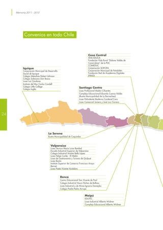 Memoria 2011 - 2012
Convenios en todo Chile
24
Casa Central
SNA EDUCA
Fundación Vida Rural “Dolores Valdés de
Covarrubias” de la PUC
COMEDUC
Corporación SOFOFA
Corporación Municipal de Peñalolén
Fundación Red de Academias Digitales
(FRAD)
Iquique
Corporación Municipal de Desarrollo
Social de Iquique
Colegio Metodista Robert Johnson
Colegio Salesiano Don Bosco
Liceo Los Cóndores
Instituto del Mar Carlos Condell
Colegio Little College
Colegio Inglés
Valparaíso
Liceo Técnico María Luisa Bombal
Escuela Industrial Superior de Valparaíso
Colegio Industrial Andrés Bello López
Liceo Felipe Cortés - El Melón
Liceo de Gastronomía y Turismo de Quilpué
Liceo Barón
Instituto Superior de Comercio Francisco Araya
Bennet
Liceo Poeta Vicente Huidobro
La Serena
Ilustre Municipalidad de Coquimbo
Maipú
EDUTEC
Liceo Industrial Alberto Widmer
Complejo Educacional Alberto Widmer
Renca
Centro Educacional San Vicente de Paul
Colegio Industrial Vasco Núñez de Balboa
Liceo Industrial y de Minas Ignacio Domeyko
Colegio Padre Pedro Arrupe
Santiago Centro
Liceo Profesional Abdón Cifuentes
Complejo Educacional Eduardo Cuevas Valdés
(Ilustre Municipalidad de Lo Barnechea)
Liceo Polivalente Moderno Cardenal Caro
Liceo Comercial Javiera y José Luis Carrera
 