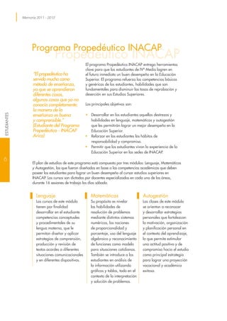 Memoria 2011 - 2012
Propedéutico INACAP
Autogestión
Las clases de este módulo
se orientan a reconocer
y desarrollar estrategias
personales que fortalezcan
la motivación, organización
y planificación personal en
el contexto del aprendizaje,
lo que permite estimular
una actitud positiva y de
compromiso hacia el estudio
como principal estrategia
para lograr una proyección
vocacional y académica
exitosa.
Lenguaje
Los cursos de este módulo
tienen por finalidad
desarrollar en el estudiante
competencias conceptuales
y procedimentales de su
lengua materna, que le
permitan diseñar y aplicar
estrategias de comprensión,
producción y revisión de
textos acordes a diferentes
situaciones comunicacionales
y en diferentes dispositivos.
Matemáticas
Su propósito es nivelar
las habilidades de
resolución de problemas
mediante distintos sistemas
numéricos, las nociones
de proporcionalidad y
porcentaje, uso del lenguaje
algebraico y reconocimiento
de funciones como modelo
para situaciones cotidianas.
También se introduce a los
estudiantes en análisis de
la información utilizando
gráficos y tablas, todo en el
contexto de la interpretación
y solución de problemas.
Programa Propedéutico INACAP
“El propedéutico ha
servido mucho como
método de enseñanza,
ya que se aprendieron
diferentes cosas,
algunas cosas que yo no
conocía completamente;
la manera de la
enseñanza es buena
y comprensible.”
(Estudiante del Programa
Propedéutico - INACAP
Arica)
El plan de estudios de este programa está compuesto por tres módulos: Lenguaje, Matemáticas
y Autogestión, los que fueron diseñados en base a las competencias académicas que deben
poseer los estudiantes para lograr un buen desempeño al cursar estudios superiores en
INACAP. Los cursos son dictados por docentes especializados en cada una de las áreas,
durante 16 sesiones de trabajo los días sábado.
El programa Propedéutico INACAP entrega herramientas
clave para que los estudiantes de IVª Medio logren en
el futuro inmediato un buen desempeño en la Educación
Superior. El programa refuerza las competencias básicas
y genéricas de los estudiantes, habilidades que son
fundamentales para disminuir las tasas de reprobación y
deserción en sus Estudios Superiores.
Los principales objetivos son:
•	 Desarrollar en los estudiantes aquellas destrezas y
habilidades en lenguaje, matemáticas y autogestión
que les permitirán lograr un mejor desempeño en la
Educación Superior.
•	 Reforzar en los estudiantes los hábitos de
responsabilidad y compromiso.
•	 Permitir que los estudiantes vivan la experiencia de la
Educación Superior en las sedes de INACAP.
6
ESTUDIANTES
 
