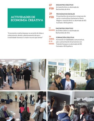 ACTIVIDADES DE
ECONOMÍA  CREATIVA
07
FEB
ENCONTRO CREATIVO
de Juancho Ares co alumnado do
Bacharelato de Arte
29
FEB
PECHAKUCHA ESCOLAR
Presentacións de proxectos e empresas do
sector creativo(Suso Santamaría, María
Magán e Juancho Ares) co alumnado do IES
Cachada e IES Espiñeira
"A economía creativa basease na xeración de ideas e
coñecemento, dende o plantexamento de que a
creatividade humana é o maior recurso que temos"
14
MARZO
ENCONTRO CREATIVO
de Emilio Celeiro co alumnado do
Bacharelato de Arte
24
ABRIL
E  15
MAIO
FORMACIÓN CREATIVA
Formación en habilidades comunicativas
para a presentación de proxectos con
Yolanda Vazquez co alumnado do IES
Cachada e IES Espiñeira
 