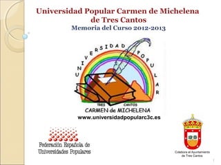 Universidad Popular Carmen de Michelena
de Tres Cantos
Memoria del Curso 2012-2013
1
www.universidadpopularc3c.es
Colabora el Ayuntamiento
de Tres Cantos
 