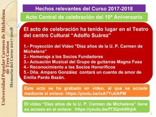 12
Hechos relevantes del Curso 2017-2018
El acto de celebración ha tenido lugar en el Teatro
del centro Cultural “Adolfo S...