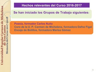 25
Hechos relevantes del Curso 2016-2017
Se han iniciado los Grupos de Trabajo siguientes:
- Poesía, formador Carlos Nuño
...