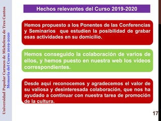 17
UniversidadPopularCarmendeMichelenadeTresCantos
MemoriadelCurso2019-2020 Hechos relevantes del Curso 2019-2020
Hemos pr...