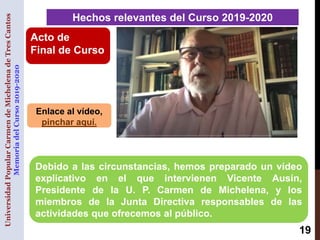 Hechos relevantes del Curso 2019-2020
UniversidadPopularCarmendeMichelenadeTresCantos
MemoriadelCurso2019-2020
19
Enlace a...