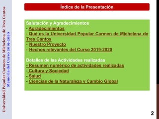 Salutación y Agradecimientos
- Agradecimientos
- Qué es la Universidad Popular Carmen de Michelena de
Tres Cantos
- Nuestr...