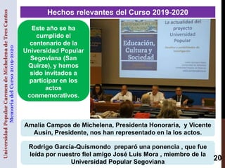 Hechos relevantes del Curso 2019-2020
UniversidadPopularCarmendeMichelenadeTresCantos
MemoriadelCurso2019-2020
Este año se...