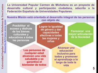 UniversidadPopularCarmendeMichelenadeTresCantos
MemoriadelCurso2019-2020
5
Favorecer una
mayor articulación
de la Sociedad...