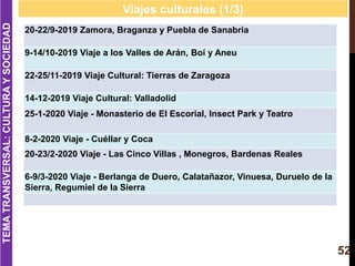 52
Viajes culturales (1/3)
20-22/9-2019 Zamora, Braganza y Puebla de Sanabria
9-14/10-2019 Viaje a los Valles de Arán, Boí...