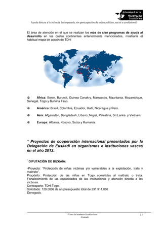 Gizakien Lurra
Ayuda directa a la infancia desamparada, sin preocupación de orden político, racial o confesional
-Tierra de hombres-Gizakien lurra
-Euskadi-
17
El área de atención en el que se realizan los más de cien programas de ayuda al
desarrollo en los cuatro continentes anteriormente mencionados, mostraría el
habitual mapa de acción de TDH:
África: Benin, Burundi, Guinea Conakry, Marruecos, Mauritania, Mozambique,
Senegal, Togo y Burkina Faso.
América: Brasil, Colombia, Ecuador, Haití, Nicaragua y Perú.
Asia: Afganistán, Bangladesh, Líbano, Nepal, Palestina, Sri Lanka y Vietnam.
Europa: Albania, Kosovo, Suiza y Rumanía.
* Proyectos de cooperación internacional presentados por la
Delegación de Euskadi en organismos e instituciones vascas
en el año 2013:
*
DIPUTACIÓN DE BIZKAIA:
-Proyecto: “Protección de niñas víctimas y/o vulnerables a la explotación, trata y
maltrato”.
Propósito: Protección de las niñas en Togo sometidas al maltrato o trata.
Fortalecimiento de las capacidades de las instituciones y atención directa a las
víctimas.
Contraparte: TDH-Togo.
Solicitado: 120.000€ de un presupuesto total de 231.911,88€
Denegado.
 
