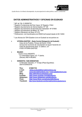 Gizakien Lurra
Ayuda directa a la infancia desamparada, sin preocupación de orden político, racial o confesional
-Tierra de hombres-Gizakien lurra
-Euskadi-
6
DATOS ADMINISTRATIVOS Y OFICINAS EN EUSKADI
* NIF de Tdh: G 80956733
* Registro Fundaciones del País Vasco: Nº Registro: F/B-6
* Registro Ayuntamiento de Vitoria-Gasteiz: Nº 126
* Registro Ayuntamiento de Donostia-San Sebastián: Nº 07/850
* Registro Ayuntamiento de Bilbao: Nº 1.641
* Registro Diputación de Álava: Nº 275
* Pertenencia a la Coordinadora de ONGD de Euskadi desde el 26-7-2004
* Las oficinas de TDH-Gizakien lurra en Euskadi se encuentran en:
• VITORIA-GASTEIZ: (Sede Central Delegación de Euskadi):
Casa de los Pueblos, Parque del Norte. 01002
Aunque las reuniones de voluntariado se siguen haciendo en:
Casa de asociaciones Itziar, C/ Zalburu, s/n
01003 VITORIA-GASTEIZ
• BILBAO:
Centro Cívico BIDARTE
C/ Lehendakari Agirre, 42 -1ª planta.
(Deusto) 48014 BILBAO
• DONOSTIA / SAN SEBASTIAN
C/ Bersolari Xalvador, nº 14-bajo (Plaza Eguzkitza)
20018 DONOSTIA
Tfno: 616901733
e-mail: deleg.euskadi@tierradehombres.org
web: www.tierradehombres.org y www.gizakienlurra.org
Blog: http://tdhinfancia.blogspot.com/
Youtube: http://www.youtube.com/tdhinfancia
Slideshare: http://www.slideshare.net/tdhinfancia
Flickr: http://www.flickr.com/photos/tdhinfancia
Facebook: http://www.facebook.com/tierradehombres.gizakienlurra
 