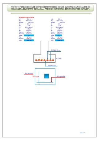 pág. 54
PROYECTO: “CREACION DE LOS SERVICIOS DEPORTIVOS DEL ESTADIO MUNICIPAL EN LA LOCALIDAD DE
CEBADA LOMA DEL DISTRITO DE CHAGLLA - PROVINCIA DE PACHITEA - DEPARTAMENTO DE HUANUCO”.
6) DISEÑO POR FLEXIÓN
Lv1: Lv2:
Wu: Wu:
M(max): M(máx):
d: d:
Øf: Øf:
f'c: f'c:
a: a:
As: As:
As(min): Asmin:
As(usar): As(usar):
Varilla: Varilla:
Asb: Asb:
Separac: Separac:
Usar: Usar:
h=
0.40 m 0.45 m
16.02 Tn/m2
1.28 Tn.m
0.40 m
0.90
16.02 Tn/m2
1.62 Tn.m
0.40 m
1/2''
1.27 cm2
0.90
Ø1/2''@0.15mts
210.0 kg/cm2
0.20 cm
0.85 cm2
7.20 cm2
7.20 cm2
1.27 cm2
210.0 kg/cm2
0.25 cm
1.08 cm2
7.20 cm2
7.20 cm2
1/2''
15.00 cm 15.00 cm
Ø1/2''@0.15mts
Ø1/2''@0.15mts
0.50 m
Ø1/2''@0.15mts
17.64 cm
17.64 cm
 