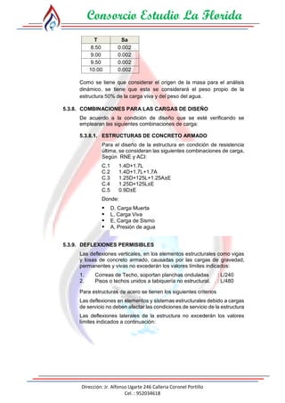 Consorcio Estudio La Florida
Dirección: Jr. Alfonso Ugarte 246 Calleria Coronel Portillo
Cel. : 952034618
T Sa
8.50 0.002
9.00 0.002
9.50 0.002
10.00 0.002
Como se tiene que considerar el origen de la masa para el análisis
dinámico, se tiene que esta se considerará el peso propio de la
estructura 50% de la carga viva y del peso del agua.
5.3.8. COMBINACIONES PARA LAS CARGAS DE DISEÑO
De acuerdo a la condición de diseño que se esté verificando se
emplearan las siguientes combinaciones de carga:
5.3.8.1. ESTRUCTURAS DE CONCRETO ARMADO
Para el diseño de la estructura en condición de resistencia
última, se consideran las siguientes combinaciones de carga,
Según RNE y ACI:
C.1 1.4D+1.7L
C.2 1.4D+1.7L+1.7A
C.3 1.25D+125L+1.25A±E
C.4 1.25D+125L±E
C.5 0.9D±E
Donde:
 D, Carga Muerta
 L, Carga Viva
 E, Carga de Sismo
 A, Presión de agua
5.3.9. DEFLEXIONES PERMISIBLES
Las deflexiones verticales, en los elementos estructurales como vigas
y losas de concreto armado, causadas por las cargas de gravedad,
permanentes y vivas no excederán los valores límites indicados:
1. Correas de Techo, soportan planchas onduladas : L/240
2. Pisos o techos unidos a tabiquería no estructural. : L/480
Para estructuras de acero se tienen los siguientes criterios
Las deflexiones en elementos y sistemas estructurales debido a cargas
de servicio no deben afectar las condiciones de servicio de la estructura
Las deflexiones laterales de la estructura no excederán los valores
límites indicados a continuación:
 
