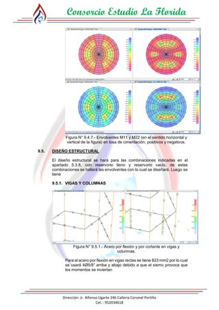 Consorcio Estudio La Florida
Dirección: Jr. Alfonso Ugarte 246 Calleria Coronel Portillo
Cel. : 952034618
Figura N° 9.4.7.- Envolventes M11 y M22 (en el sentido horizontal y
vertical de la figura) en losa de cimentación, positivos y negativos.
9.5. DISEÑO ESTRUCTURAL
El diseño estructural se hará para las combinaciones indicadas en el
apartado 5.3.8, con reservorio lleno y reservorio vacío, de estas
combinaciones se hallará las envolventes con lo cual se diseñará. Luego se
tiene
9.5.1. VIGAS Y COLUMNAS
Figura N° 9.5.1.- Acero por flexión y por cortante en vigas y
columnas.
Para el acero por flexión en vigas rectas se tiene 823 mm2 por lo cual
se usará 4Ø5/8” arriba y abajo debido a que el sismo provoca que
los momentos se inviertan
 