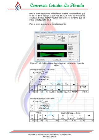 Consorcio Estudio La Florida
Dirección: Jr. Alfonso Ugarte 246 Calleria Coronel Portillo
Cel. : 952034618
Para el acero longitudinal en columnas se tiene cuantía mínima que
es el 1% de la sección lo cual nos da 3,076 mm2 por lo cual las
columnas tendrán 10Ø3/4”+2Ø5/8” colocados de la forma que se
indica en la figura N° 9.5.3.
Para el acero a cortante se tiene la siguiente
Figura N° 9.5.2.- Envolvente de momentos y cortante en viga más
crítica.
Por requerimiento estructural
f'c = 210 Kg/cm2
fy = 4200 Kg/cm2
Ø = 0.85
Vc ØVc Vu Vs s
b h d Ø = 3/8
cm cm cm Kg Kg
40 X 50 45 13,825 11,751 12,536 784.94 341.91
VIGA
𝑉 = 0.53 𝑓 𝑥
Por requerimiento estructural
f'c = 210 Kg/cm2
fy = 4200 Kg/cm2
Ø = 0.85
b h d L0 s1 s2 s3 s4
cm cm cm cm d/4 8*Ø1/2" 24*Ø3/8"
40 X 50 45 100 11.25 10.16 22.86 30
VIGA separaciones por sismo
𝑉 = 0.53 𝑓 𝑥
 