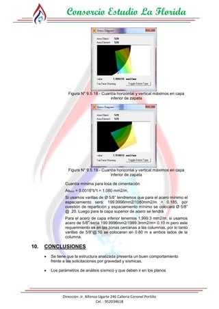 Consorcio Estudio La Florida
Dirección: Jr. Alfonso Ugarte 246 Calleria Coronel Portillo
Cel. : 952034618
Figura N° 9.5.18.- Cuantía horizontal y vertical máximos en capa
inferior de zapata
Figura N° 9.5.19.- Cuantía horizontal y vertical máximos en capa
inferior de zapata
Cuantía mínima para losa de cimentación
Asmín = 0.0018*b*t = 1,080 mm2/m,
Si usamos varillas de Ø 5/8” tendremos que para el acero mínimo el
espaciamiento será: 199.9996mm2/1080mm2/m = 0.185, por
cuestión de repartición y espaciamiento mínimo se colocará Ø 5/8”
@ .20. Luego para la capa superior de acero se tendrá
Para el acero de capa inferior tenemos 1,999.3 mm2/m, si usamos
acero de 5/8” sería 199.9996mm2/1999.3mm2/m= 0.10 m pero este
requerimiento es en las zonas cercanas a las columnas, por lo tanto
varillas de 5/8”@.10 se colocaran en 0.80 m a ambos lados de la
columna.
10. CONCLUSIONES
 Se tiene que la estructura analizada presenta un buen comportamiento
frente a las solicitaciones por gravedad y sísmicas.
 Los parámetros de análisis sísmico y que deben ir en los planos
 