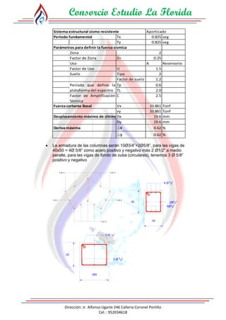 Consorcio Estudio La Florida
Dirección: Jr. Alfonso Ugarte 246 Calleria Coronel Portillo
Cel. : 952034618
Sistema estructural sismo resistente Aporticado
Periodo fundamental Tx 0.825 seg
Ty 0.825 seg
Parámetros para definir la fuerza sísmica
Zona 2
Factor de Zona Z= 0.25
Uso A Reservorio
Factor de Uso U 1.5
Suelo Tipo 2
Factor de suelo 1.2
Tp 0.6
TL 2.0
C 2.5
Fuerza cortante Basal Vx 33.861 Tonf
vy 33.861 Tonf
Desplazamiento máximo de último nivelDx 19.6 mm
Dy 19.6 mm
Deriva máxima Dx 0.62 %
Dy 0.62 %
Periodo que define la
plataforma del espectro
Factor de Amplificación
Sísmica
 La armadura de las columnas serán 10Ø3/4”+2Ø5/8”, para las vigas de
40x50 = 4Ø 5/8” como acero positivo y negativo más 2 Ø1/2” a medio
peralte, para las vigas de fondo de cuba (circulares), tenemos 3 Ø 5/8”
positivo y negativo
400.0000
5 Ø 3
4"5 Ø 3
4"
5 Ø 3
4"
1 Ø 5
8"1 Ø 5
8"
.50
.40
4 Ø 5
8"
4Ø5
8"
2Ø1
2"
.50
.585
8
3 Ø 5
8"
 